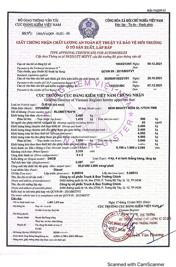 Thông Số HYUNDAI N250SL THÙNG BẠT